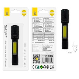 Linterna LED NR9344  / luz lateral / funcion zoom / 3 modos de luz / Bateria recargable 1200mAh / Negro