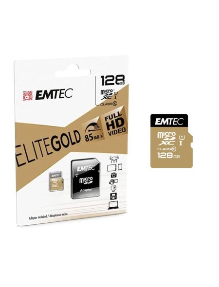 Micro sd hc Emtec uhs-I 128Gb Elite Gold 85mb/s clase 10  Con adaptador / ECMSDM128GXC10GP